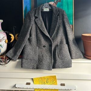Fitz Black & White Tweed Jacket Womens Wool Blazer Sport Coat Retro Vintage L